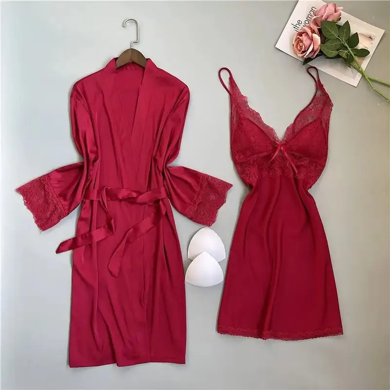Summer New Twinset Robe Set Women Lace Kimono Bathrobe Gown Sexy Casual Satin Sleepwear Nightgown Flower Homewear Negligee