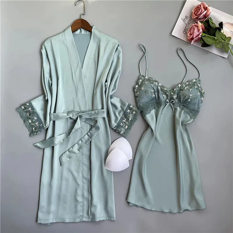 Summer New Twinset Robe Set Women Lace Kimono Bathrobe Gown Sexy Casual Satin Sleepwear Nightgown Flower Homewear Negligee