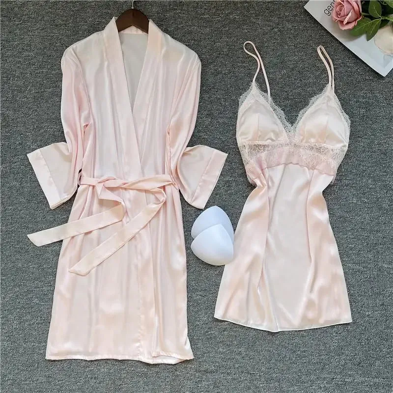 Summer New Twinset Robe Set Women Lace Kimono Bathrobe Gown Sexy Casual Satin Sleepwear Nightgown Flower Homewear Negligee