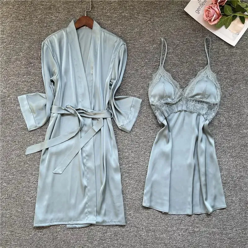 Summer New Twinset Robe Set Women Lace Kimono Bathrobe Gown Sexy Casual Satin Sleepwear Nightgown Flower Homewear Negligee