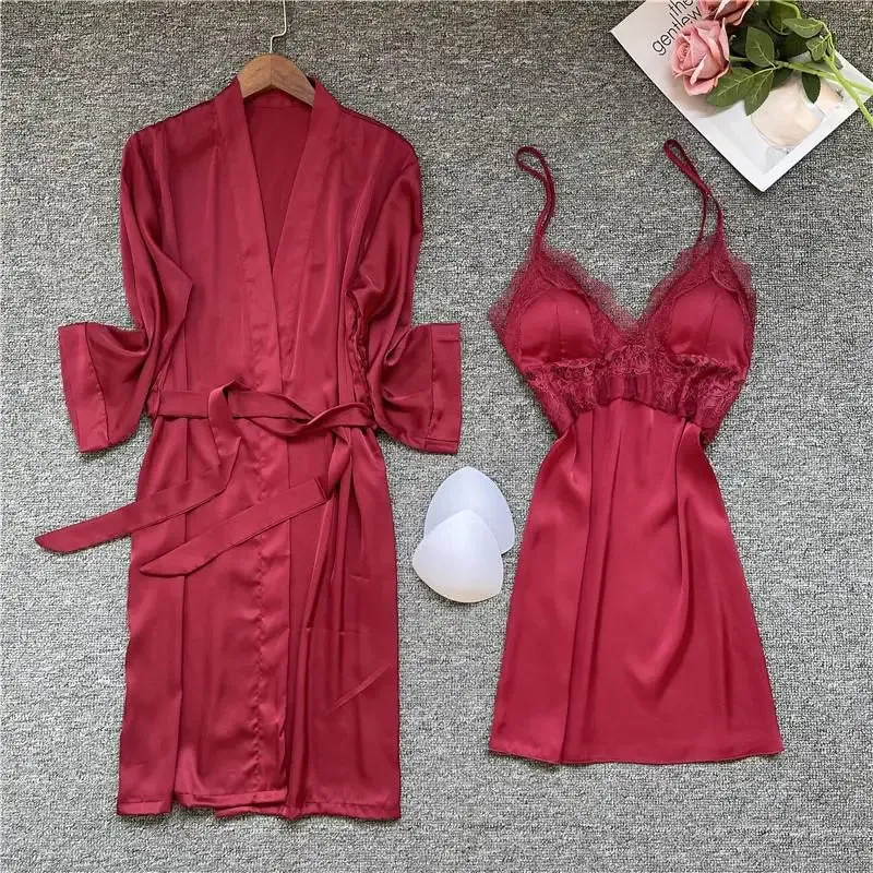 Summer New Twinset Robe Set Women Lace Kimono Bathrobe Gown Sexy Casual Satin Sleepwear Nightgown Flower Homewear Negligee