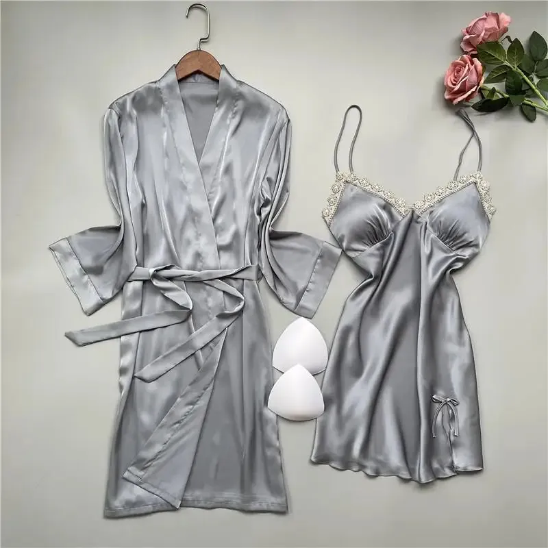 Summer New Twinset Robe Set Women Lace Kimono Bathrobe Gown Sexy Casual Satin Sleepwear Nightgown Flower Homewear Negligee