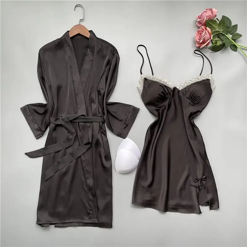 Summer New Twinset Robe Set Women Lace Kimono Bathrobe Gown Sexy Casual Satin Sleepwear Nightgown Flower Homewear Negligee