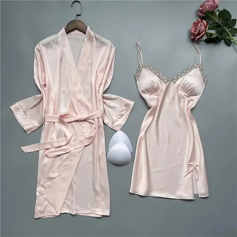 Summer New Twinset Robe Set Women Lace Kimono Bathrobe Gown Sexy Casual Satin Sleepwear Nightgown Flower Homewear Negligee