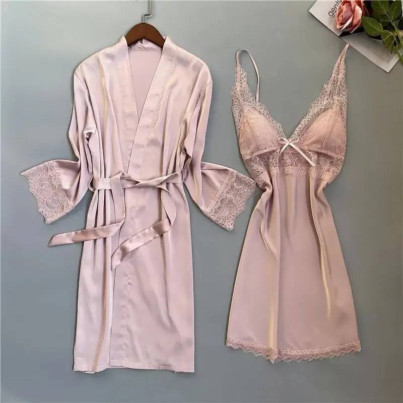Summer New Twinset Robe Set Women Lace Kimono Bathrobe Gown Sexy Casual Satin Sleepwear Nightgown Flower Homewear Negligee