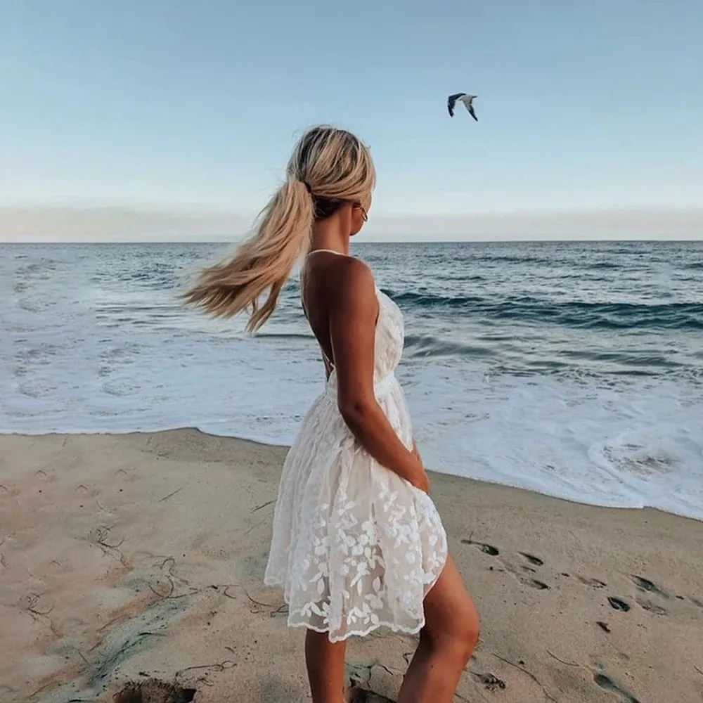 Summer Sundress White Floral Embroidery Mesh Lace Sexy Backless Beach Dress Clothes For Women 2022 New Arrival  Fashion