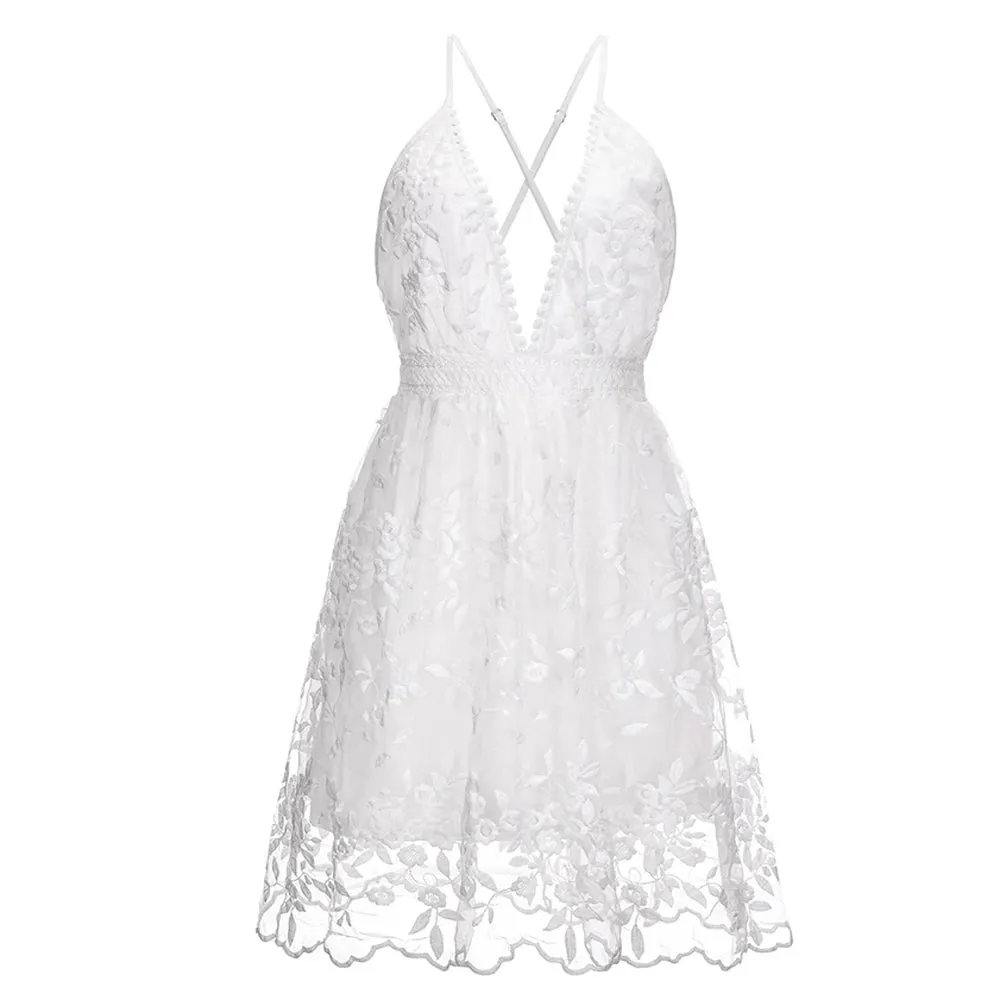 Summer Sundress White Floral Embroidery Mesh Lace Sexy Backless Beach Dress Clothes For Women 2022 New Arrival  Fashion