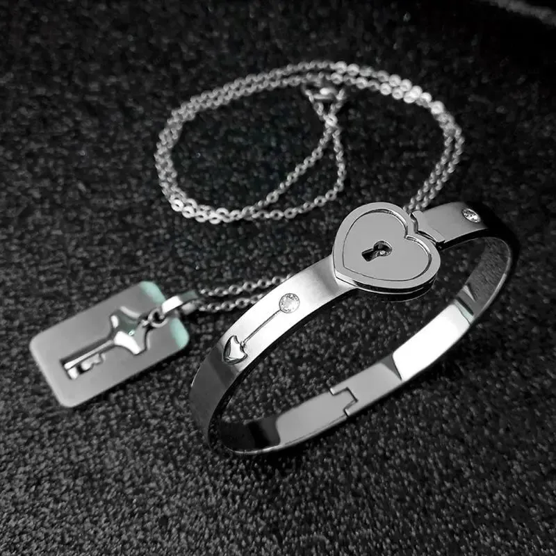 Titanium Puzzle Couple Heart Lock Key Couple Bracelet Necklace Lover Jewelry Set Heart Lock Bracelet Bangle