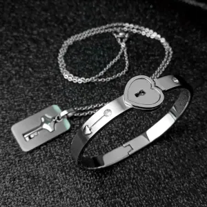 Titanium Puzzle Couple Heart Lock Key Couple Bracelet Necklace Lover Jewelry Set Heart Lock Bracelet Bangle