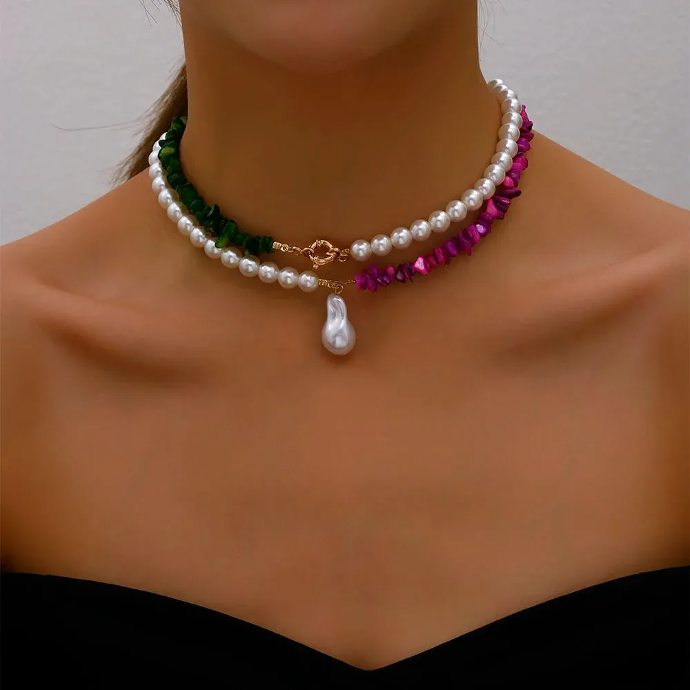 Trend Elegant Jewelry Wedding Big Pearl Necklace For Women Fashion Imitation Pearl Green Rose Color Stone Choker Necklace