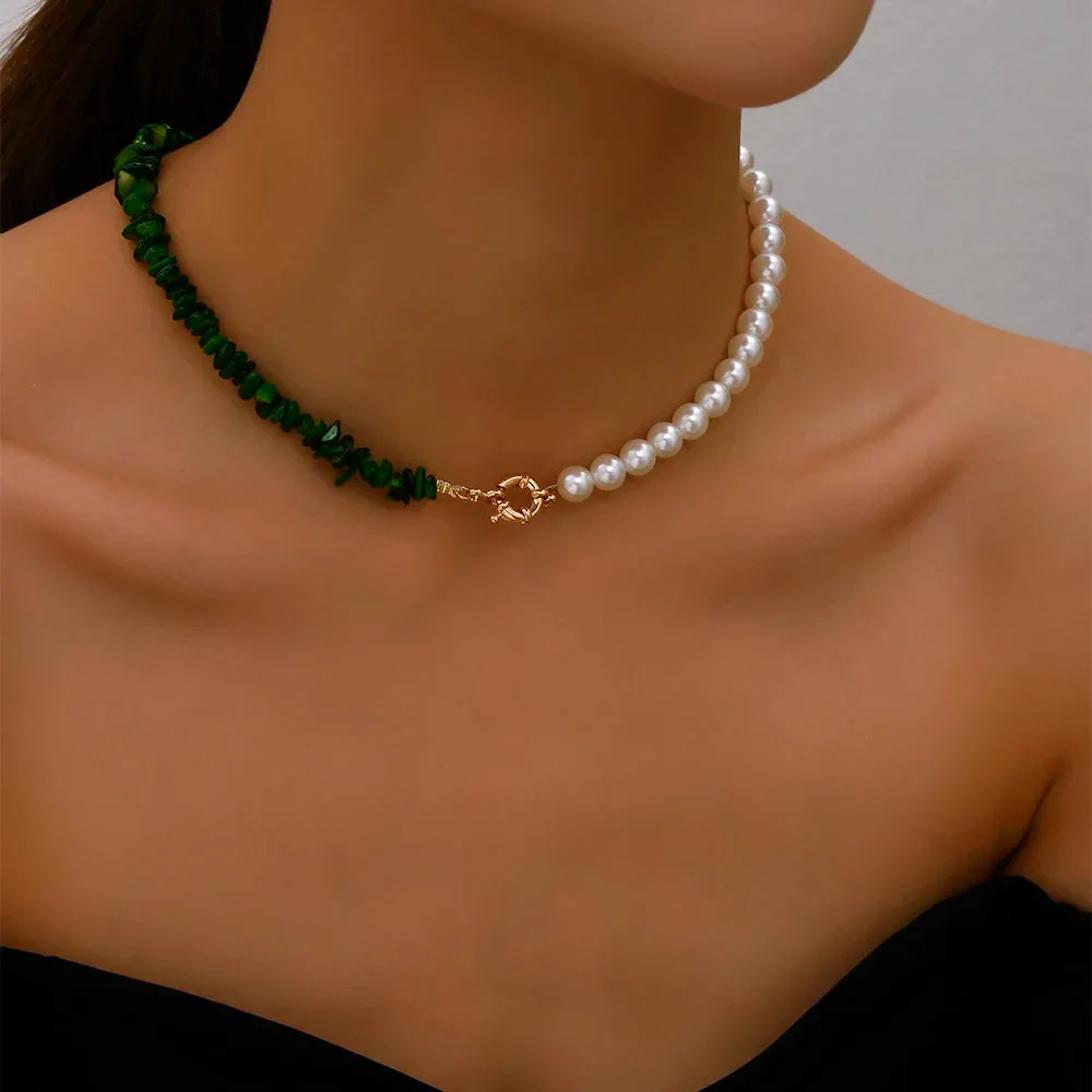Trend Elegant Jewelry Wedding Big Pearl Necklace For Women Fashion Imitation Pearl Green Rose Color Stone Choker Necklace
