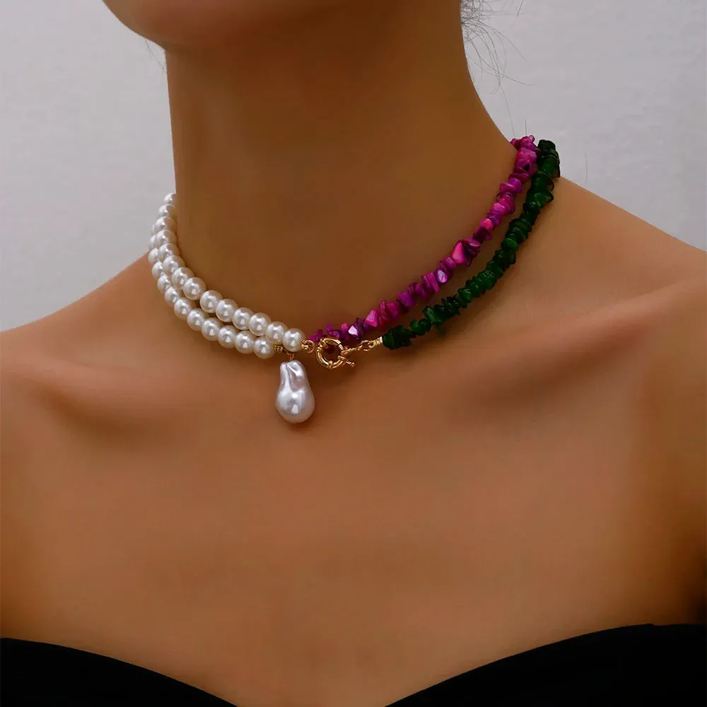 Trend Elegant Jewelry Wedding Big Pearl Necklace For Women Fashion Imitation Pearl Green Rose Color Stone Choker Necklace