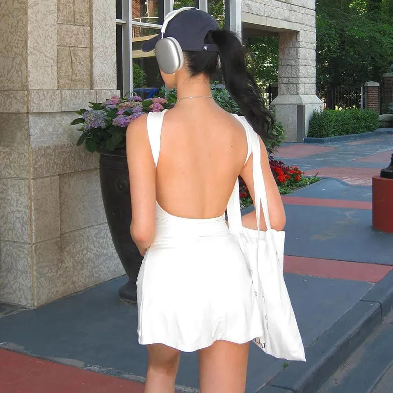 White One-Piece Short Dress For Women Summer Sleeveless Backless Mini Dress Casual Solid Women'S Clothes New Beach Resort Dress