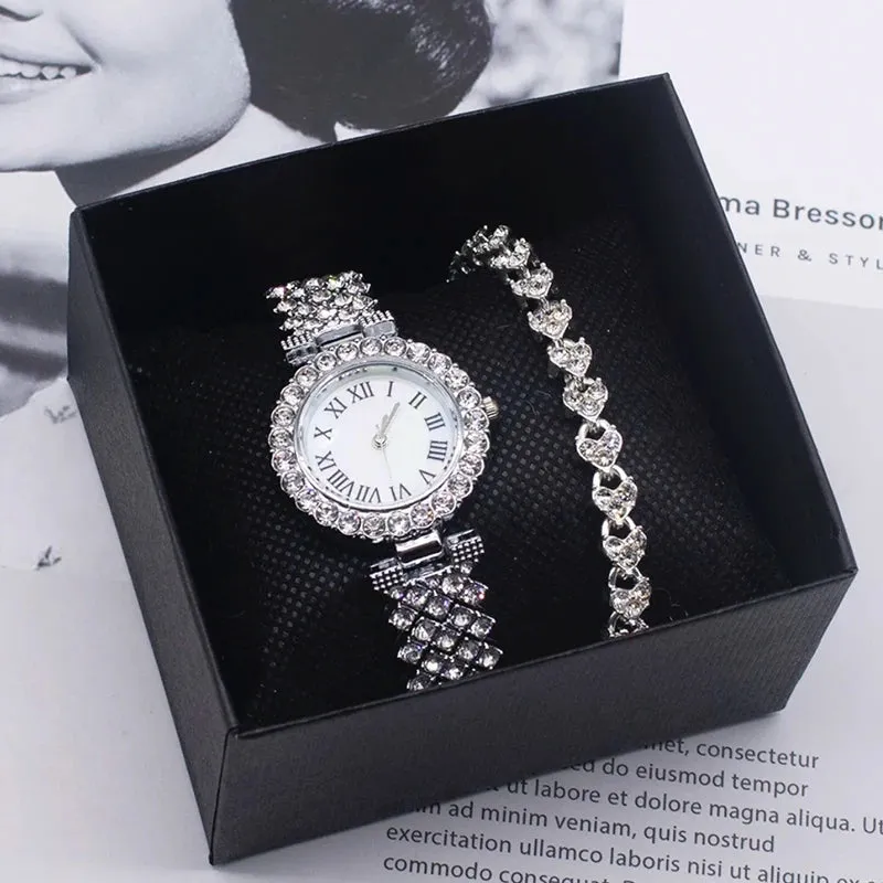 Women's Watch Bracelet Set Luxury Crystal Quartz Bracelet Watches Ladies Brand Diamonds Dial Steel Wristwatch Trendy Watch Clock