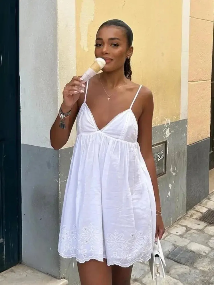 ZABA Women's Spaghetti Strap Elegant Halter Dress Gentle Seaside V Neck Strapless Lace Short Dress Travel Dating Holiday Dresses