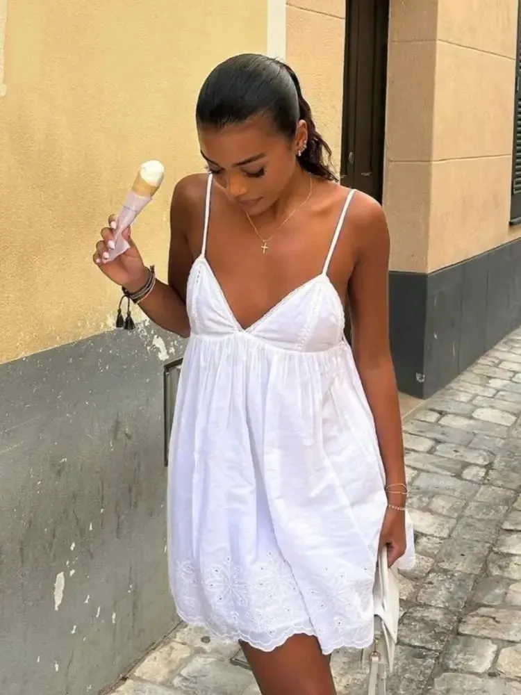 ZABA Women's Spaghetti Strap Elegant Halter Dress Gentle Seaside V Neck Strapless Lace Short Dress Travel Dating Holiday Dresses